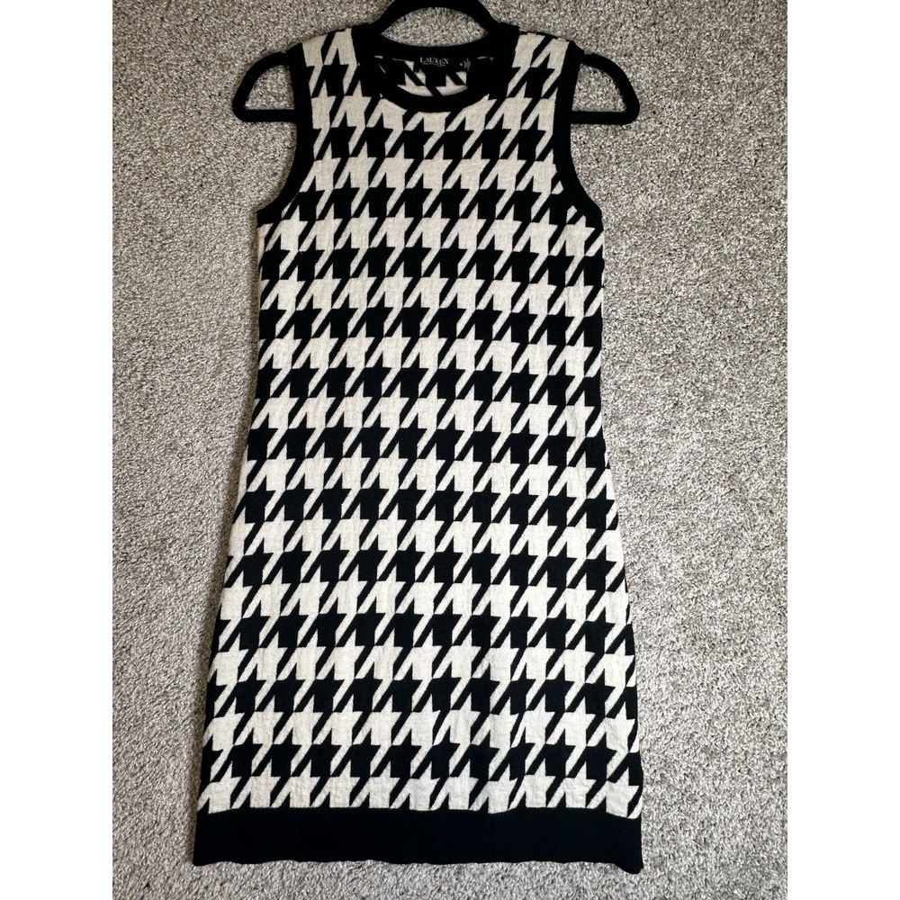 Lauren Ralph Lauren Wool Houndstooth Sweater Dress Black Cream M Sleeveless